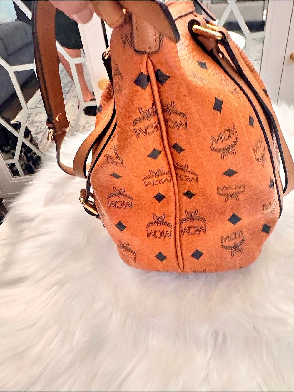 MCM Cognac Visetos Monogram Shopper Two-Way Tote Bag - Picture 6 of 14